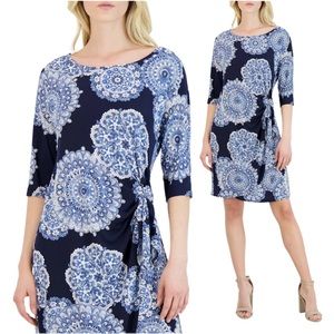 Robbie Bee 3/4 Sleeve Sarong Sheath Mini Dress Blue Floral Size Medium NWT